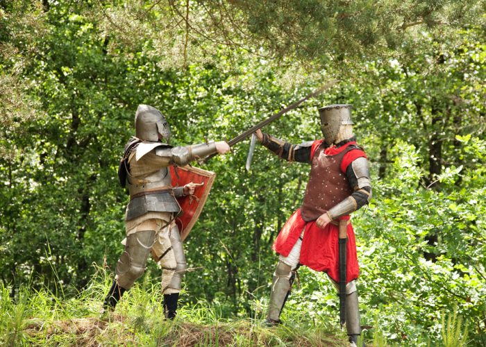 Two knights in armor fights in forest